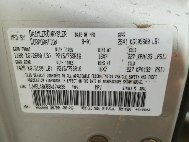 1J4GL48K82W174038 - 2002 JEEP LIBERTY SP SILVER photo 10