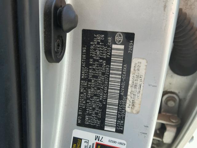 4T1BE46K58U772083 - 2008 TOYOTA CAMRY CE SILVER photo 10