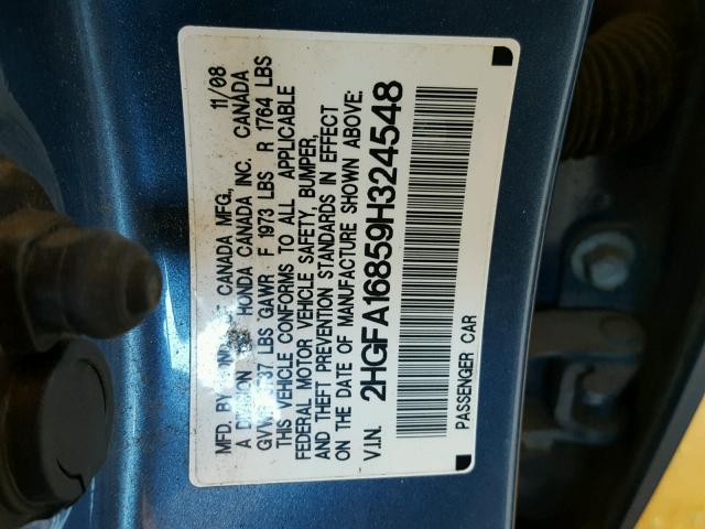 2HGFA16859H324548 - 2009 HONDA CIVIC EX BLUE photo 10