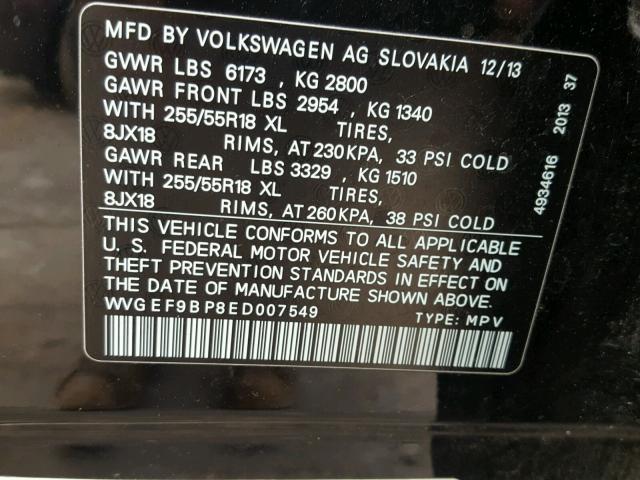 WVGEF9BP8ED007549 - 2014 VOLKSWAGEN TOUAREG V6 BLACK photo 10