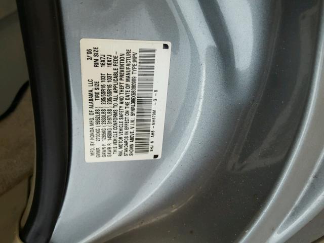 5FNRL386X6B080989 - 2006 HONDA ODYSSEY EX GRAY photo 10