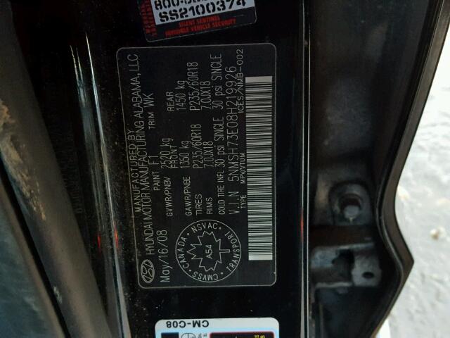 5NMSH73E08H219926 - 2008 HYUNDAI SANTA FE S 黑色 照片 10