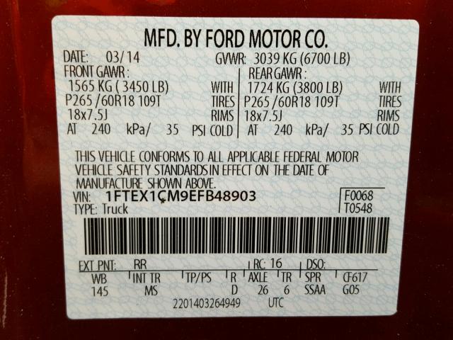 1FTEX1CM9EFB48903 - 2014 FORD F150 SUPER RED photo 10