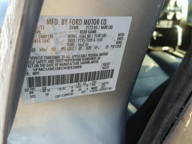 1FMCU9EG8CKB53869 - 2012 FORD ESCAPE LIM SILVER photo 10