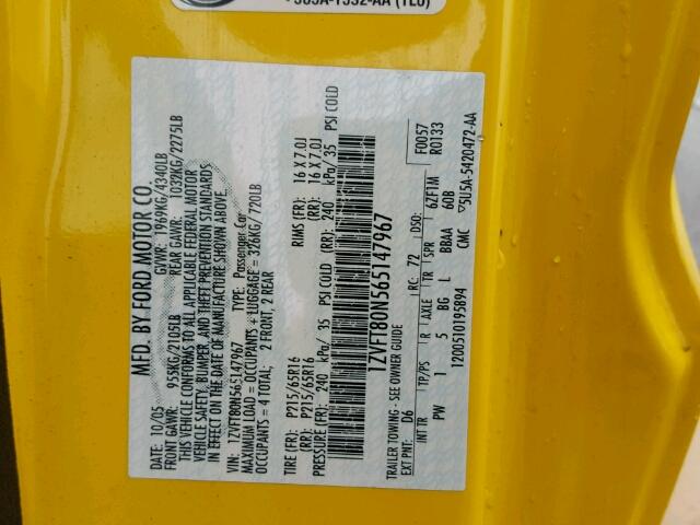 1ZVFT80N565147967 - 2006 FORD MUSTANG YELLOW photo 10