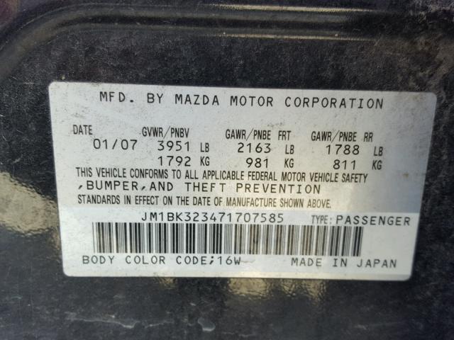 JM1BK323471707585 - 2007 MAZDA 3 S BLACK photo 10