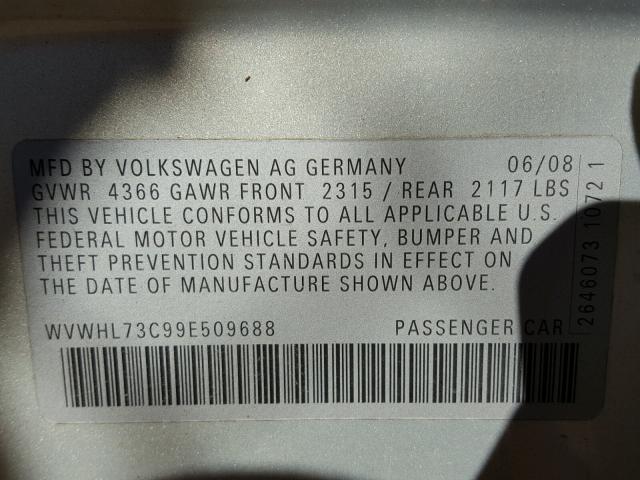 WVWHL73C99E509688 - 2009 VOLKSWAGEN CC LUXURY SILVER photo 10