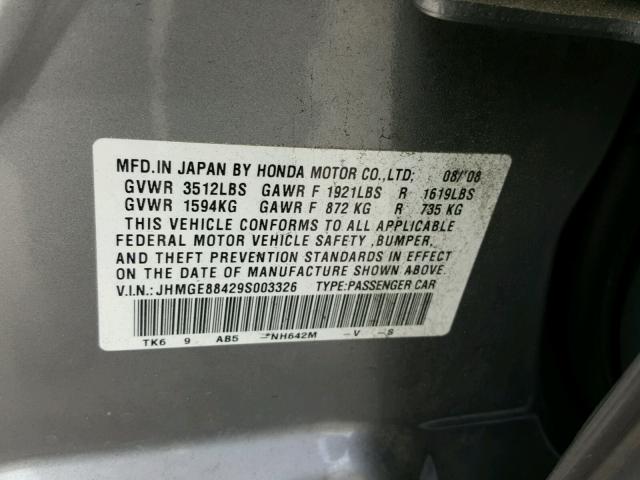 JHMGE88429S003326 - 2009 HONDA FIT SPORT SILVER photo 10