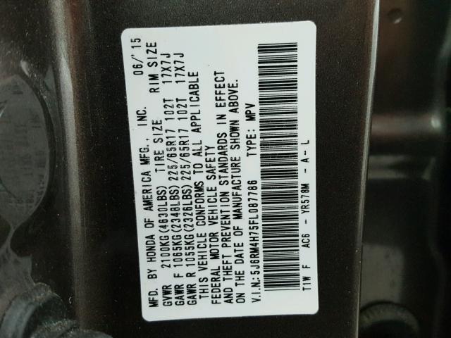 5J6RM4H75FL087786 - 2015 HONDA CR-V EXL GRAY photo 10