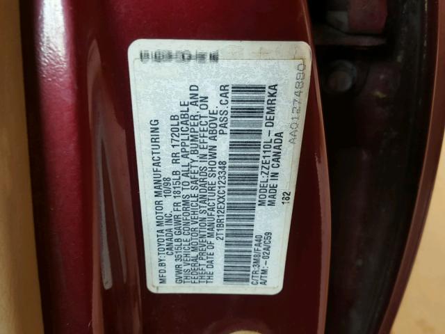 2T1BR12EXXC123348 - 1999 TOYOTA COROLLA VE RED photo 10