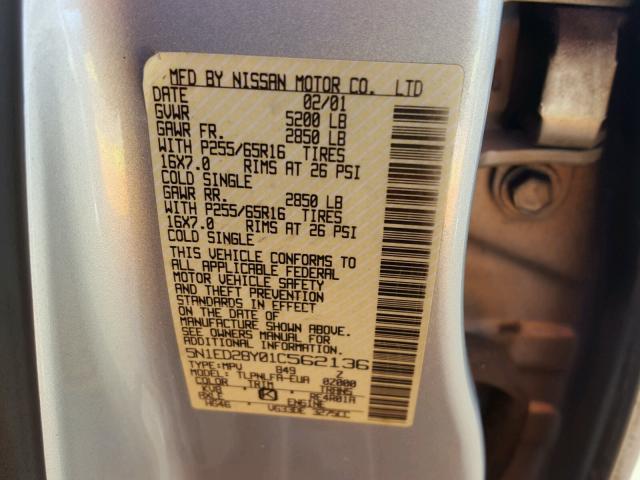 5N1ED28Y01C562136 - 2001 NISSAN XTERRA XE GRAY photo 10