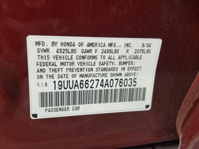 19UUA66274A076035 - 2004 ACURA TL BURGUNDY photo 10