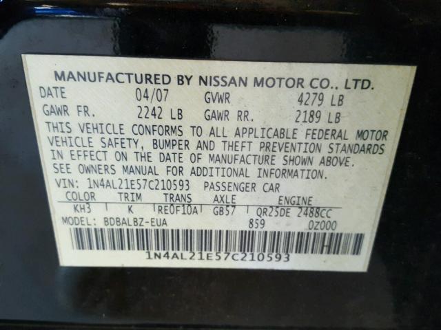 1N4AL21E57C210593 - 2007 NISSAN ALTIMA 2.5 BLACK photo 10