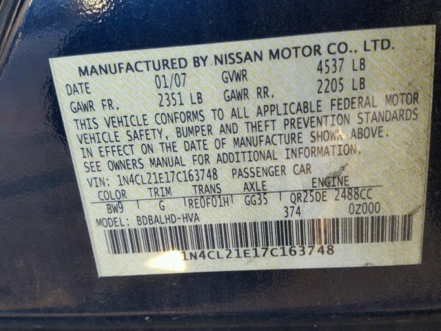 1N4CL21E17C163748 - 2007 NISSAN ALTIMA HYB BLUE photo 10