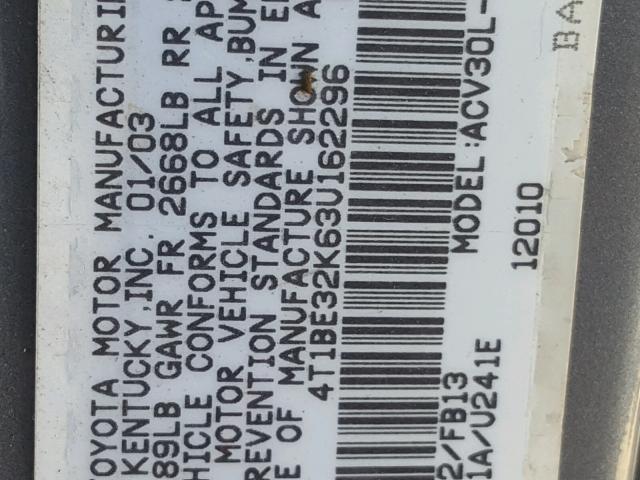 4T1BE32K63U162296 - 2003 TOYOTA CAMRY LE ლურჯი ფოტო 10