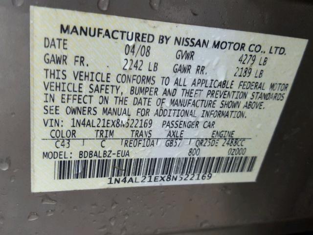 1N4AL21EX8N522169 - 2008 NISSAN ALTIMA 2.5 BROWN photo 10