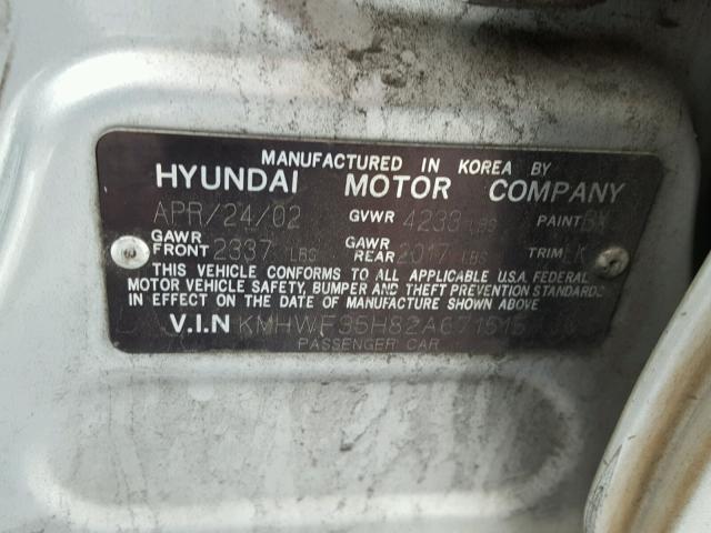 KMHWF35H82A671515 - 2002 HYUNDAI SONATA GLS SILVER photo 10