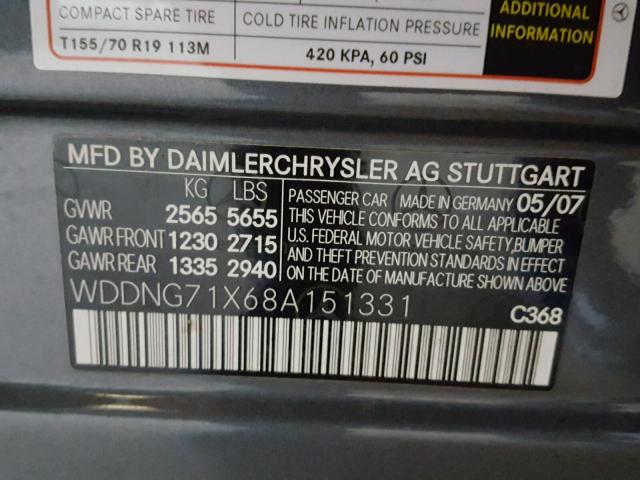 WDDNG71X68A151331 - 2008 MERCEDES-BENZ S 550 GRAY photo 10