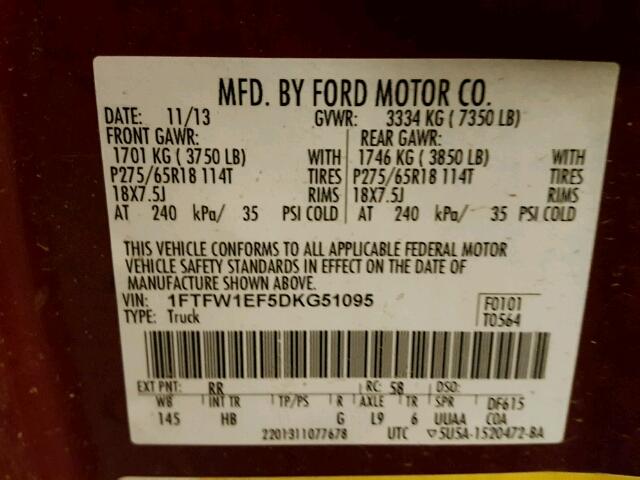 1FTFW1EF5DKG51095 - 2013 FORD F150 SUPER RED photo 10