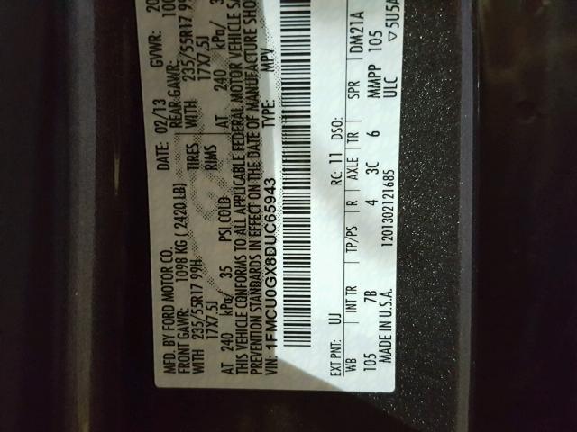 1FMCU0GX8DUC65943 - 2013 FORD ESCAPE SE GRAY photo 10