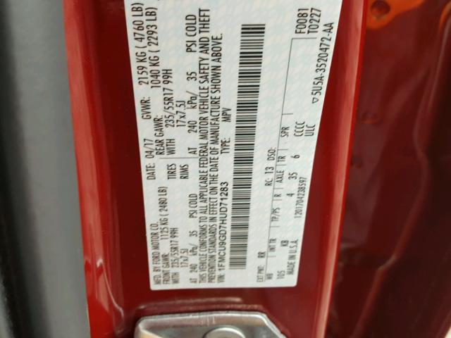 1FMCU9GD7HUD71283 - 2017 FORD ESCAPE SE 勃艮第红 照片 10