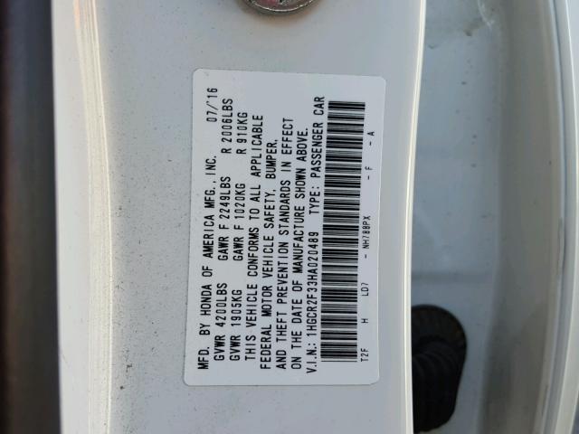 1HGCR2F33HA020489 - 2017 HONDA ACCORD LX WHITE photo 10