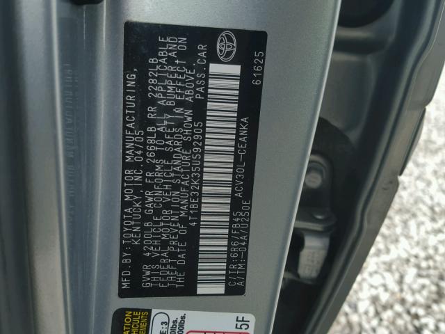 4T1BE32K35U592905 - 2005 TOYOTA CAMRY LE GRAY photo 10