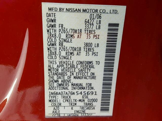 1N6BA07A76N545691 - 2006 NISSAN TITAN XE RED photo 10