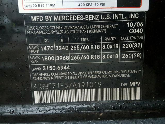 4JGBF71E57A191019 - 2007 MERCEDES-BENZ GL 450 4MA BLACK photo 10