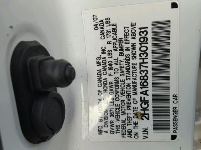 2HGFA16837H301931 - 2007 HONDA CIVIC EX WHITE photo 10