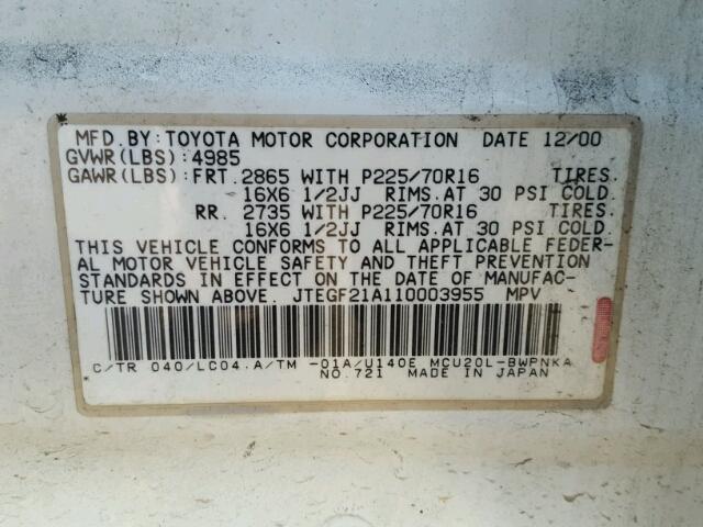 JTEGF21A110003955 - 2001 TOYOTA HIGHLANDER WHITE photo 10