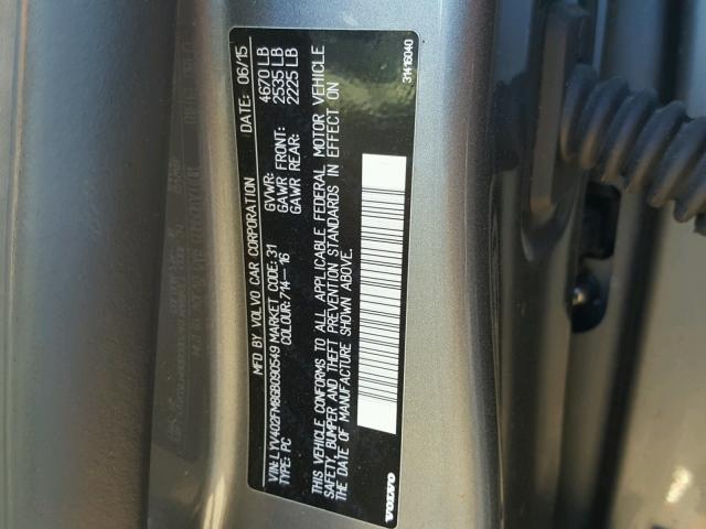 LYV402FM8GB090549 - 2016 VOLVO S60 PLATIN GRAY photo 10