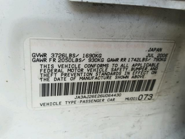 JA3AJ26E26U064430 - 2006 MITSUBISHI LANCER ES WHITE photo 10