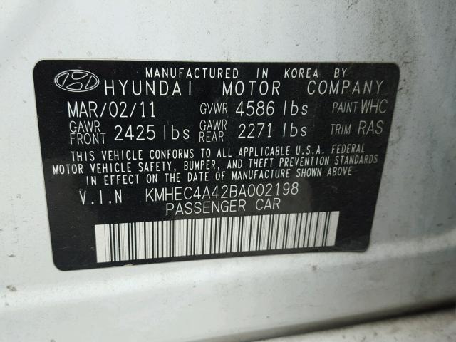 KMHEC4A42BA002198 - 2011 HYUNDAI SONATA HYB WHITE photo 10