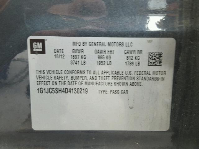 1G1JC5SH4D4130219 - 2013 CHEVROLET SONIC LT GRAY photo 10