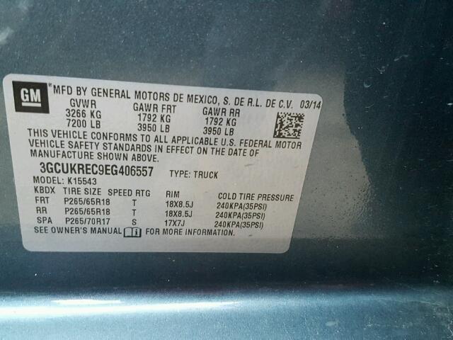 3GCUKREC9EG406557 - 2014 CHEVROLET SILVERADO GRAY photo 10