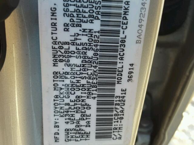 4T1BE32K42U064821 - 2002 TOYOTA CAMRY LE 银色 照片 10