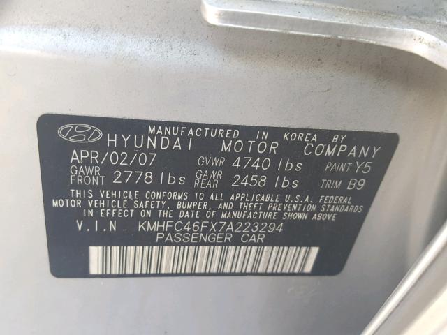 KMHFC46FX7A223294 - 2007 HYUNDAI AZERA SE SILVER photo 10