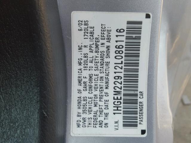 1HGEM22912L086116 - 2002 HONDA CIVIC EX 银色 照片 10