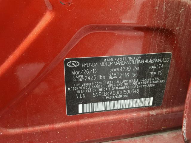 5NPEB4AC3CH500046 - 2012 HYUNDAI SONATA GLS RED photo 10