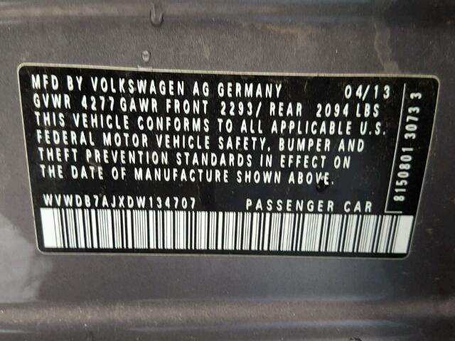 WVWDB7AJXDW134707 - 2013 VOLKSWAGEN GOLF GRAY photo 10