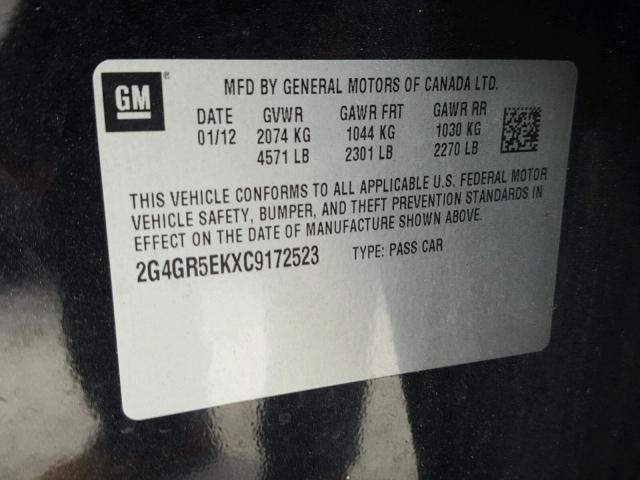 2G4GR5EKXC9172523 - 2012 BUICK REGAL BLACK photo 10