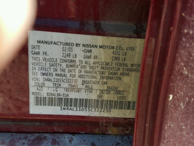 1N4AL11D55C322230 - 2005 NISSAN ALTIMA S RED photo 10