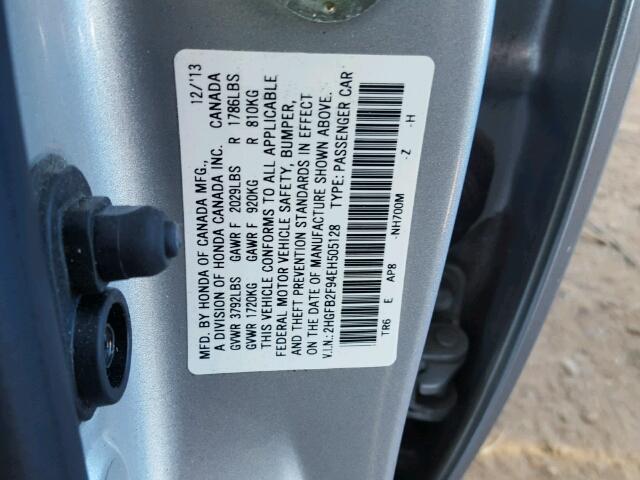 2HGFB2F94EH505128 - 2014 HONDA CIVIC EXL SILVER photo 10