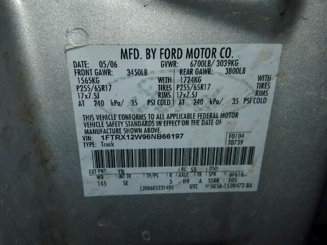 1FTRX12W96NB66197 - 2006 FORD F150 SILVER photo 10