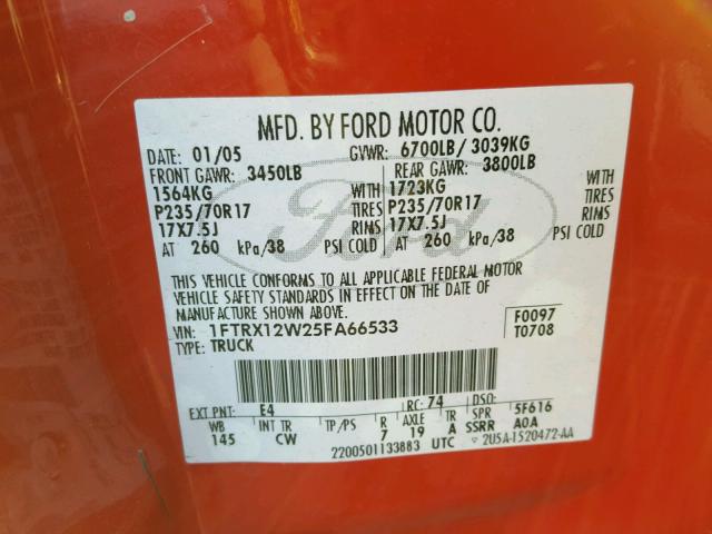 1FTRX12W25FA66533 - 2005 FORD F150 RED photo 10