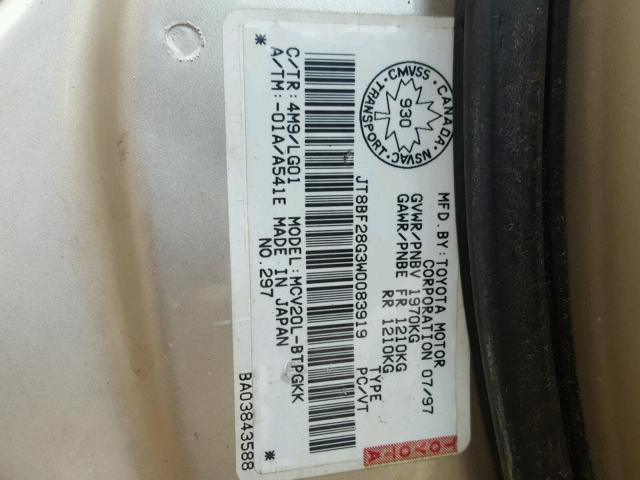 JT8BF28G3W0083919 - 1998 LEXUS ES 300 TAN photo 10