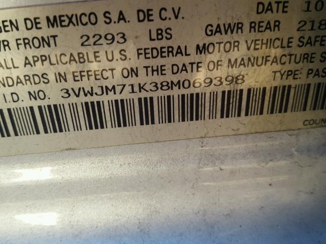 3VWJM71K38M069398 - 2008 VOLKSWAGEN JETTA S SILVER photo 10