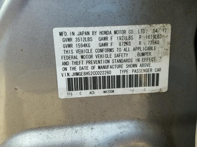 JHMGE8H52CC022260 - 2012 HONDA FIT SPORT SILVER photo 10