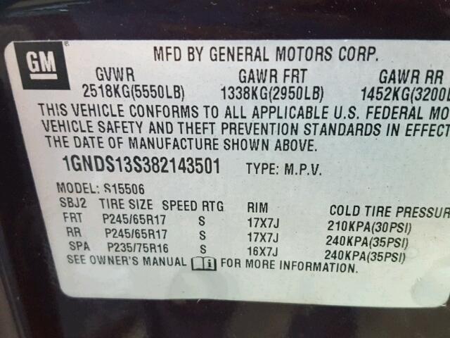 1GNDS13S382143501 - 2008 CHEVROLET TRAILBLAZE BLACK photo 10